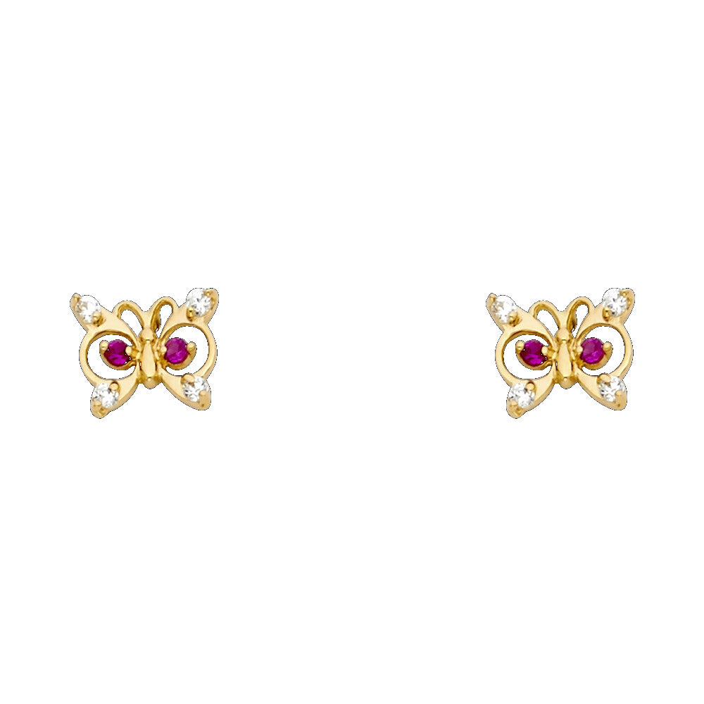 14K Yellow Gold Butterfly Red CZ Stud (ST251)