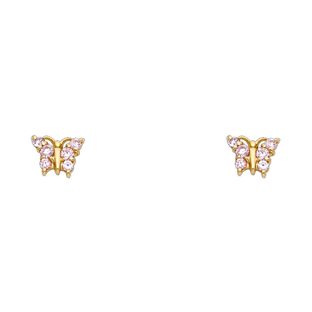 14K Yellow Gold Butterfly Pink CZ Stud (ST255)