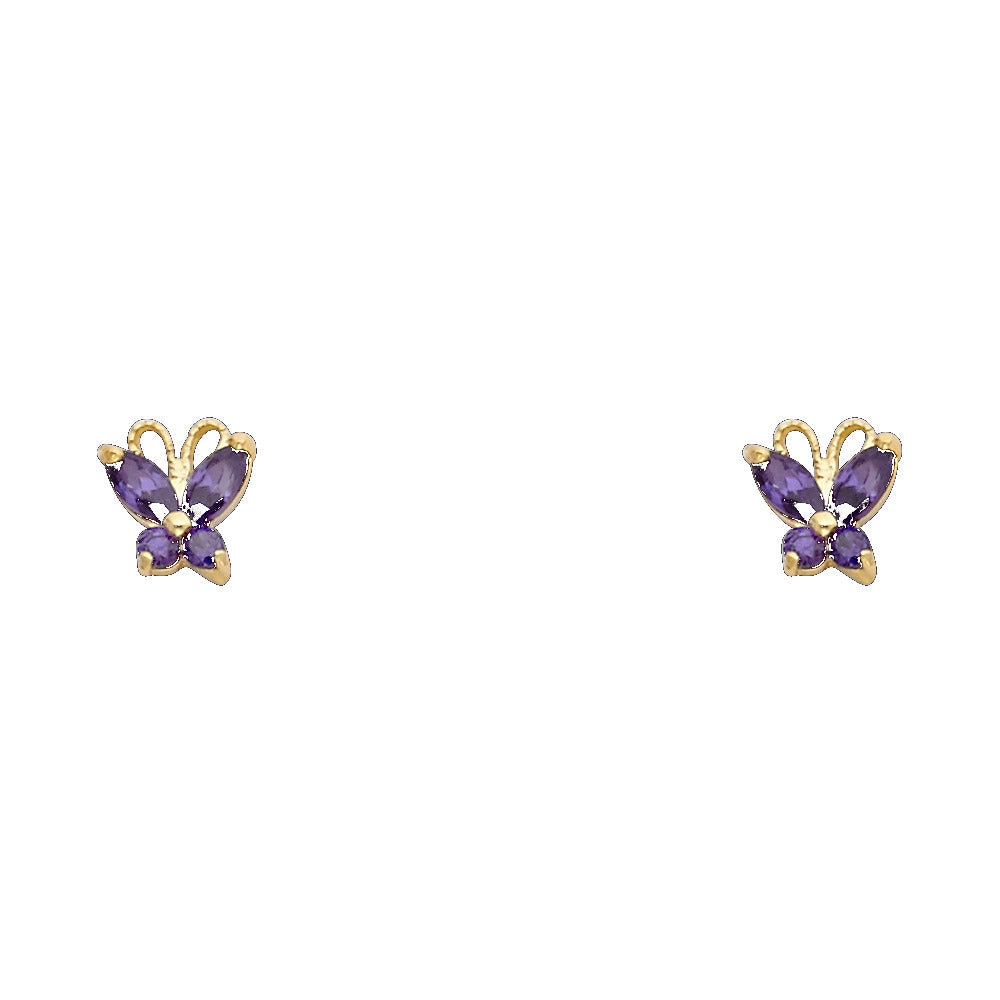 14K Yellow Gold Butterfly Purple CZ Stud (ST264)