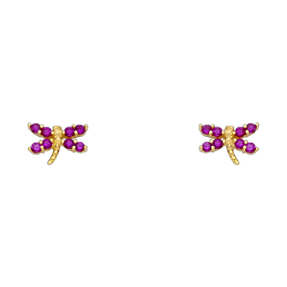 14K Yellow Gold Dragonfly Red CZ Stud (ST267)