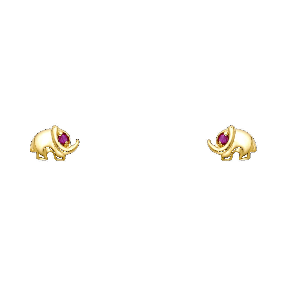 14K Yellow Gold Sm Elephant Red CZ Stud (ST277)