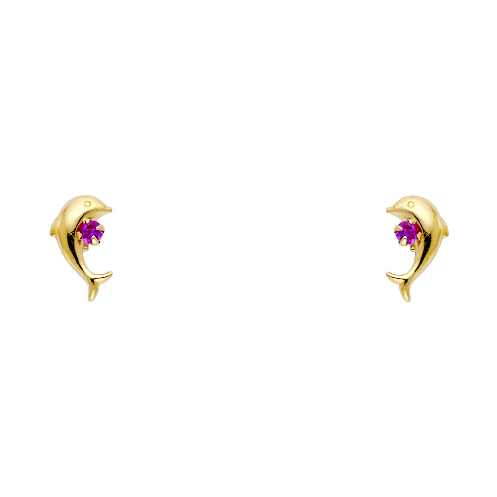 14K Yellow Gold Dolphin Red CZ Stud (ST281)