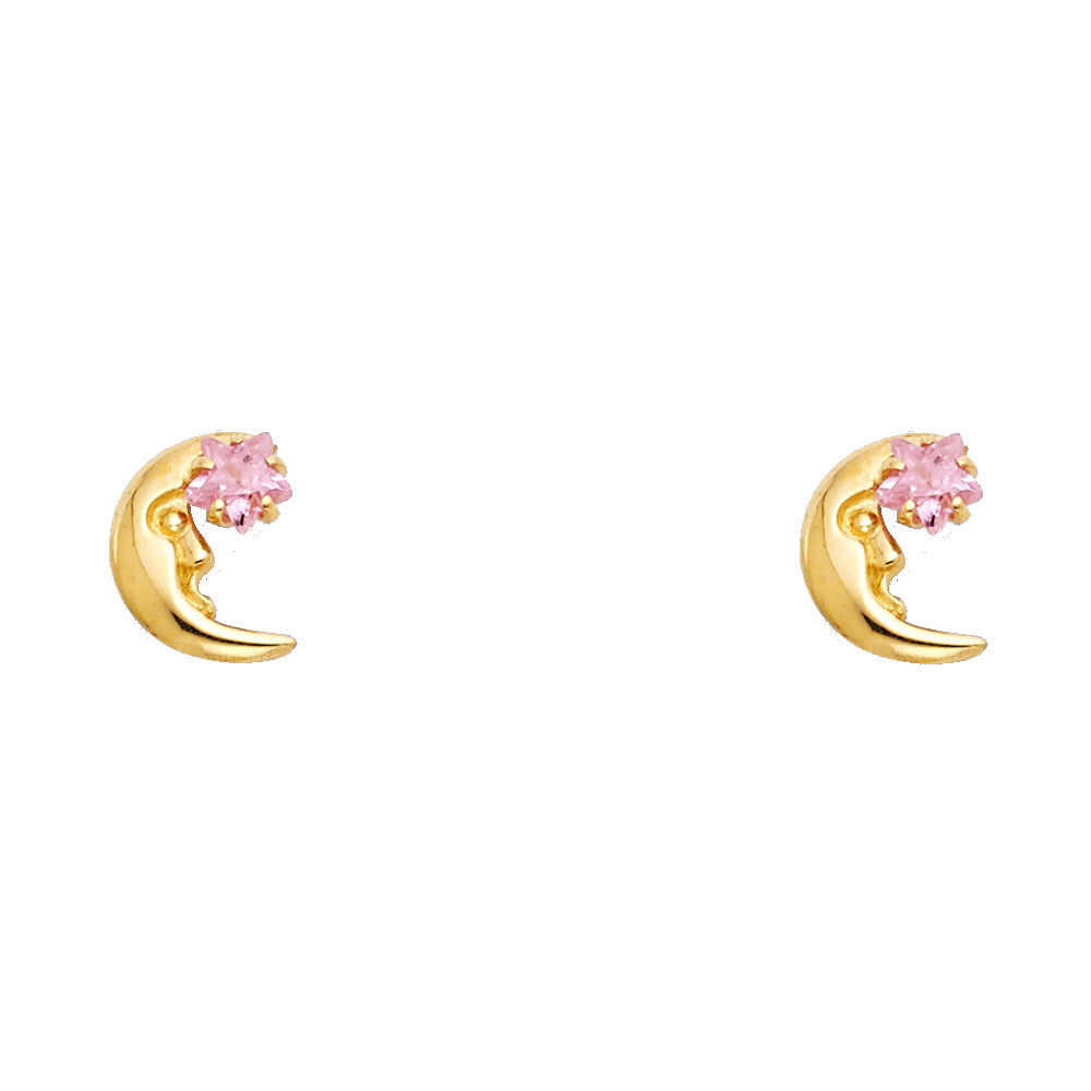 14K Yellow Gold Moon W/Pink Star CZ Stud (ST292)