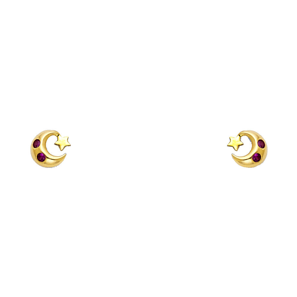 14K Yellow Gold Moon & Star Red CZ Stud (ST296)