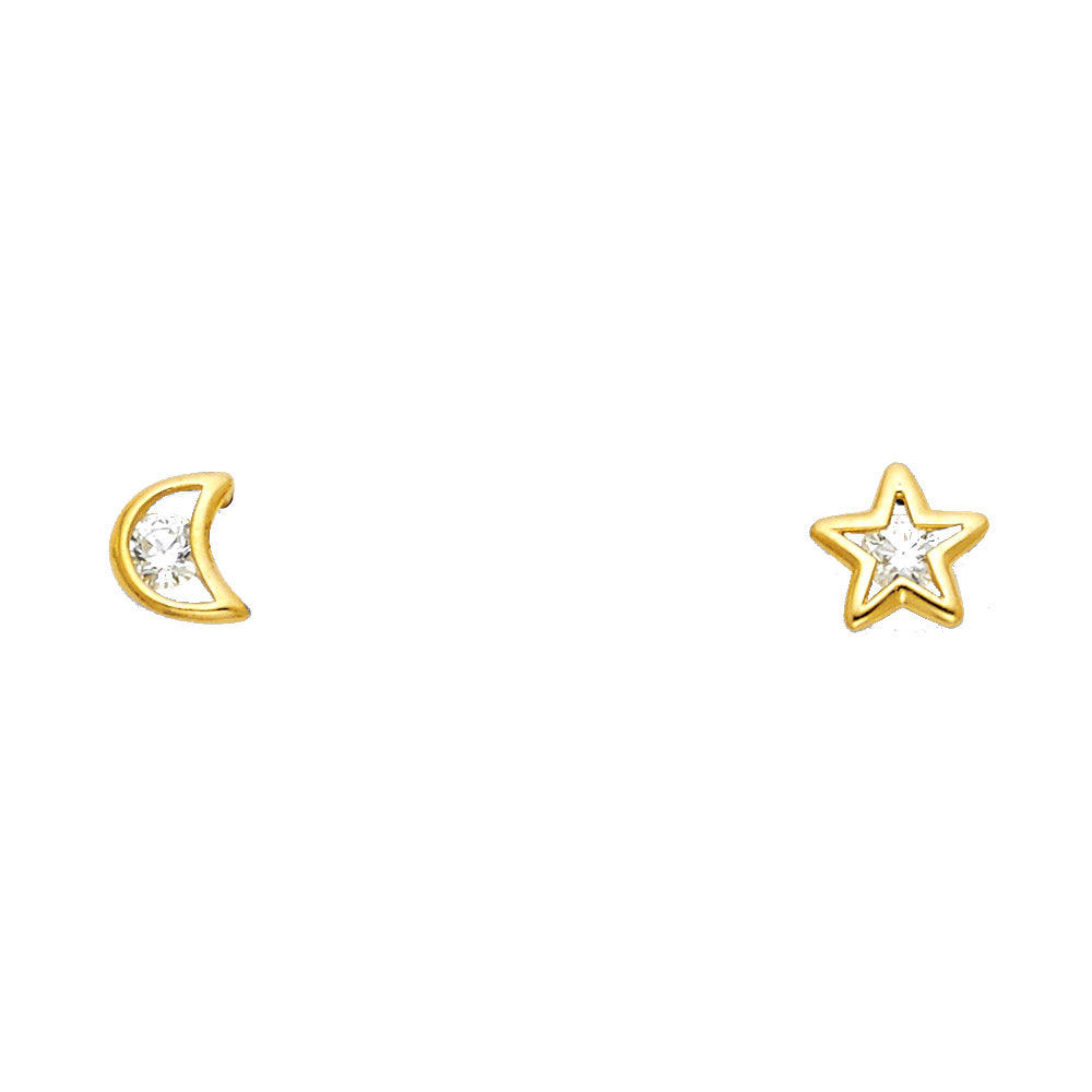 14K Yellow Gold Moon & Star White CZ (ST299)