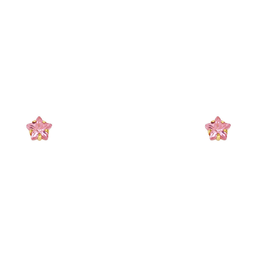 14K Yellow Gold 4 mm Pink Star CZ Stamp Stud (ST305)