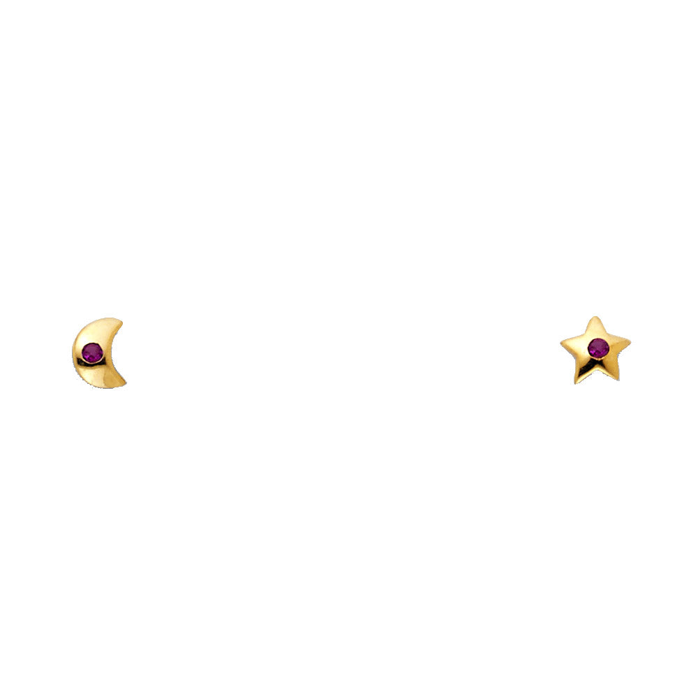 14K Yellow Gold Red CZ Moon & Star Stud (ST307)