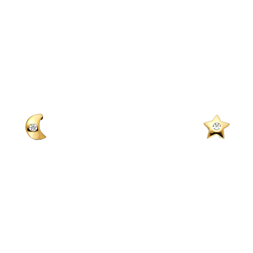 14K Yellow Gold CZ Moon & Star Stud (ST308)