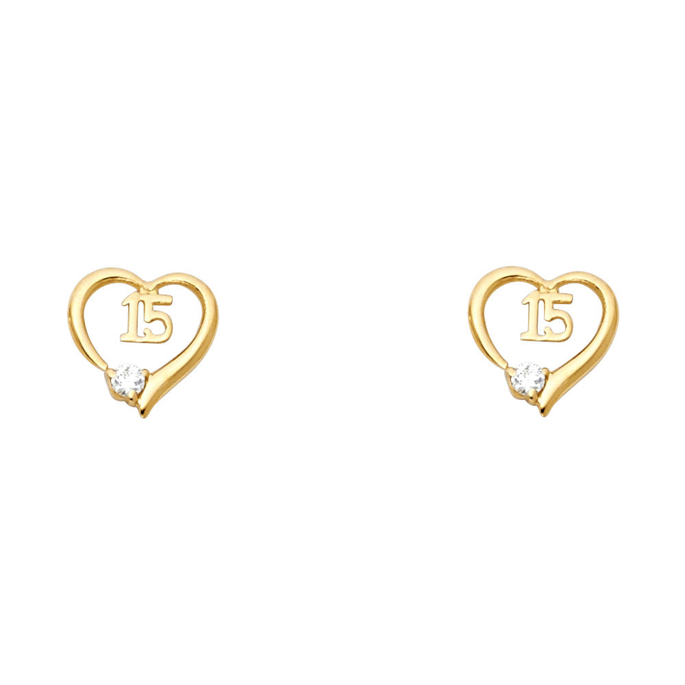 14K Yellow Gold 15 Yr Heart CZ Stud (ST312)