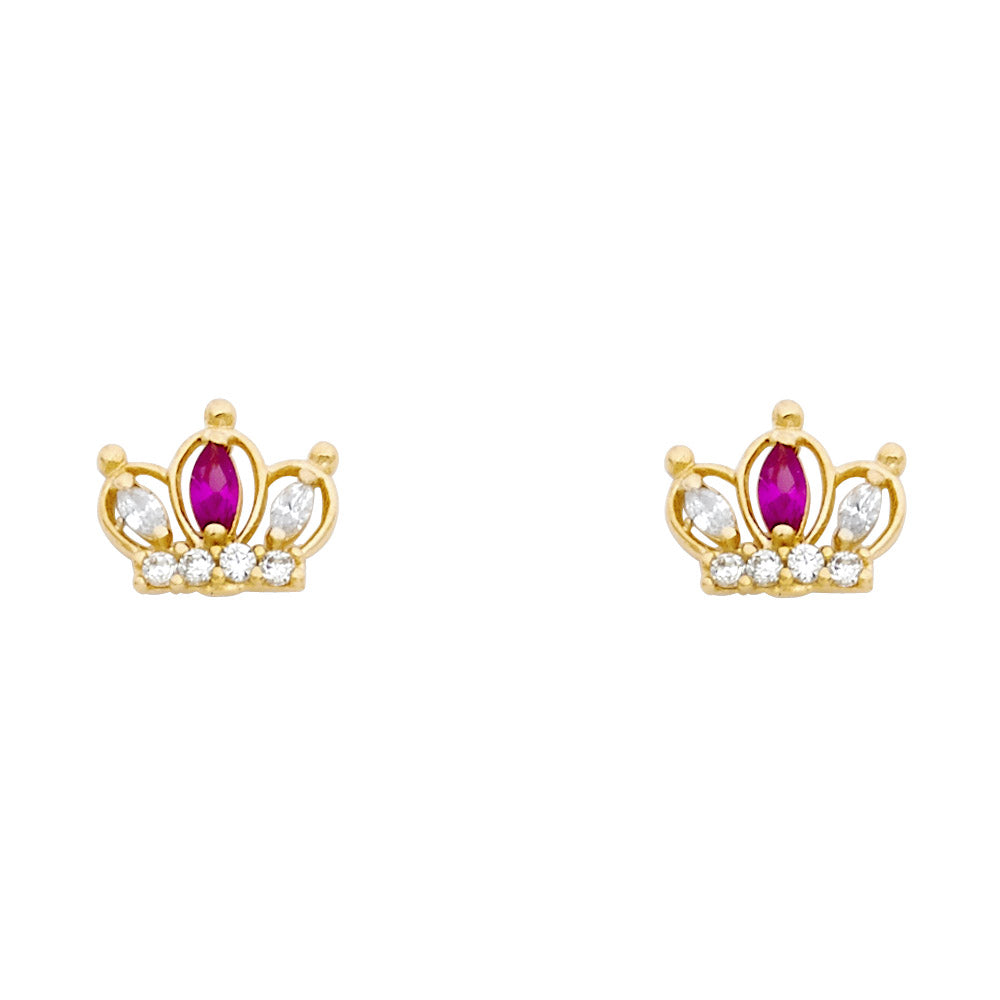 14K Yellow Gold Red CZ Crown Stud (ST353)