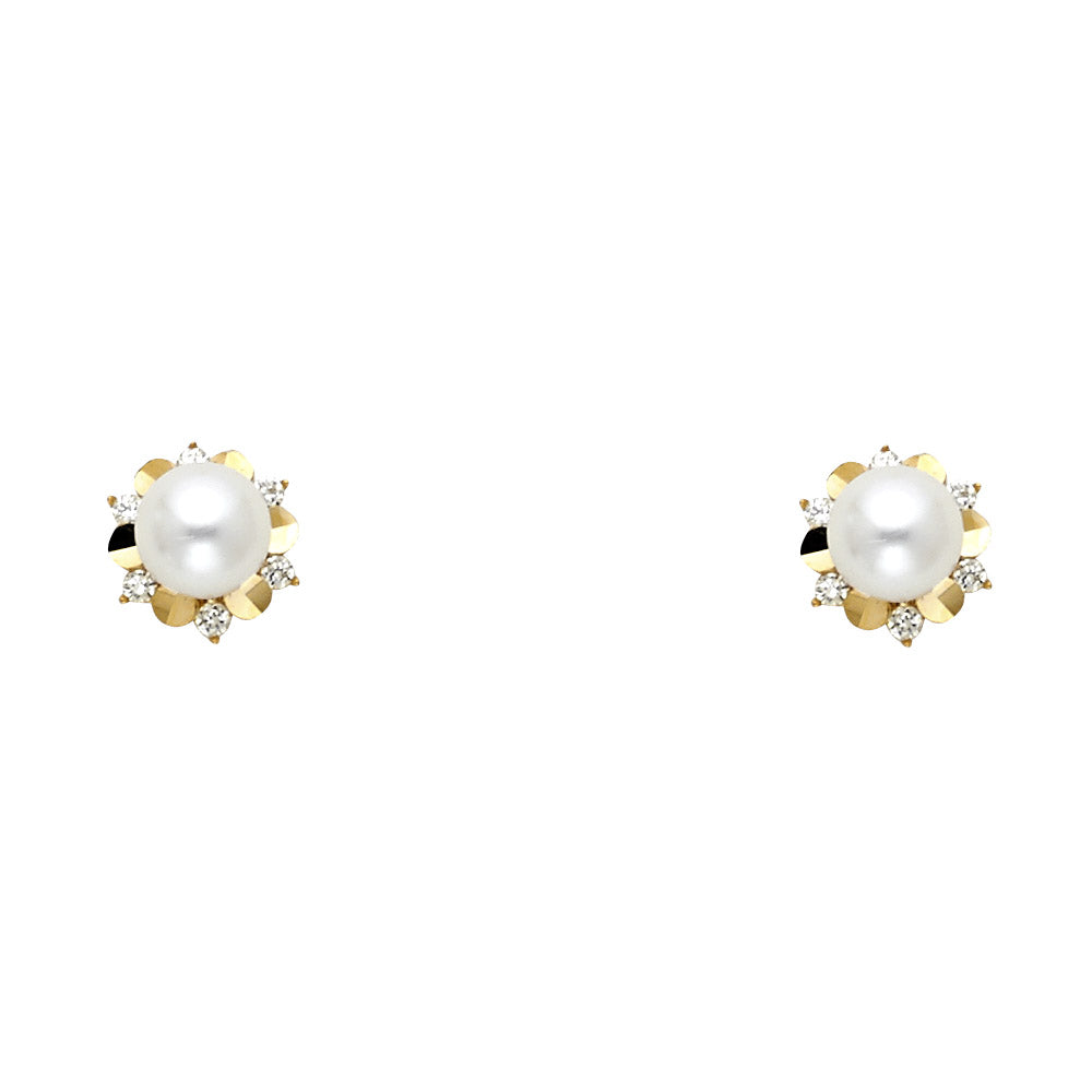 14K Yellow Gold Pearl CZ Stud with Screw Back
