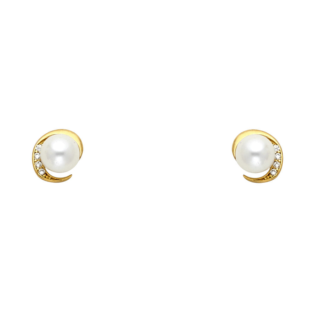 14K Yellow Gold Pearl CZ Stud with Screw Back