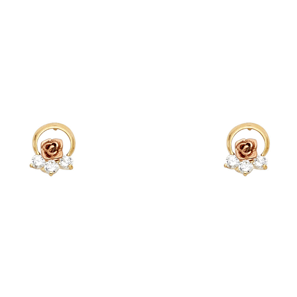 14K Two Tone Gold Flower CZ Stud with Screw