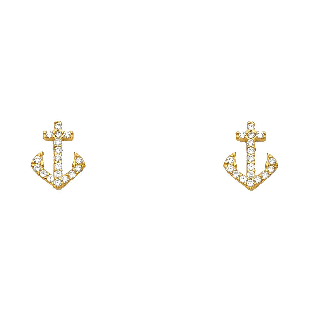 14K Yellow Gold Anchor CZ Stud with Screw Back