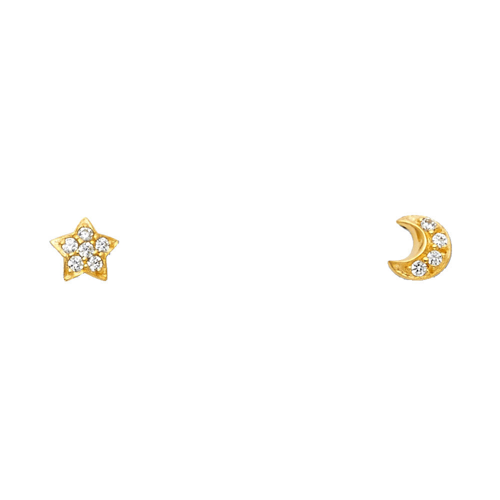 14K Yellow Gold Star+Moon CZ Stud with Screw