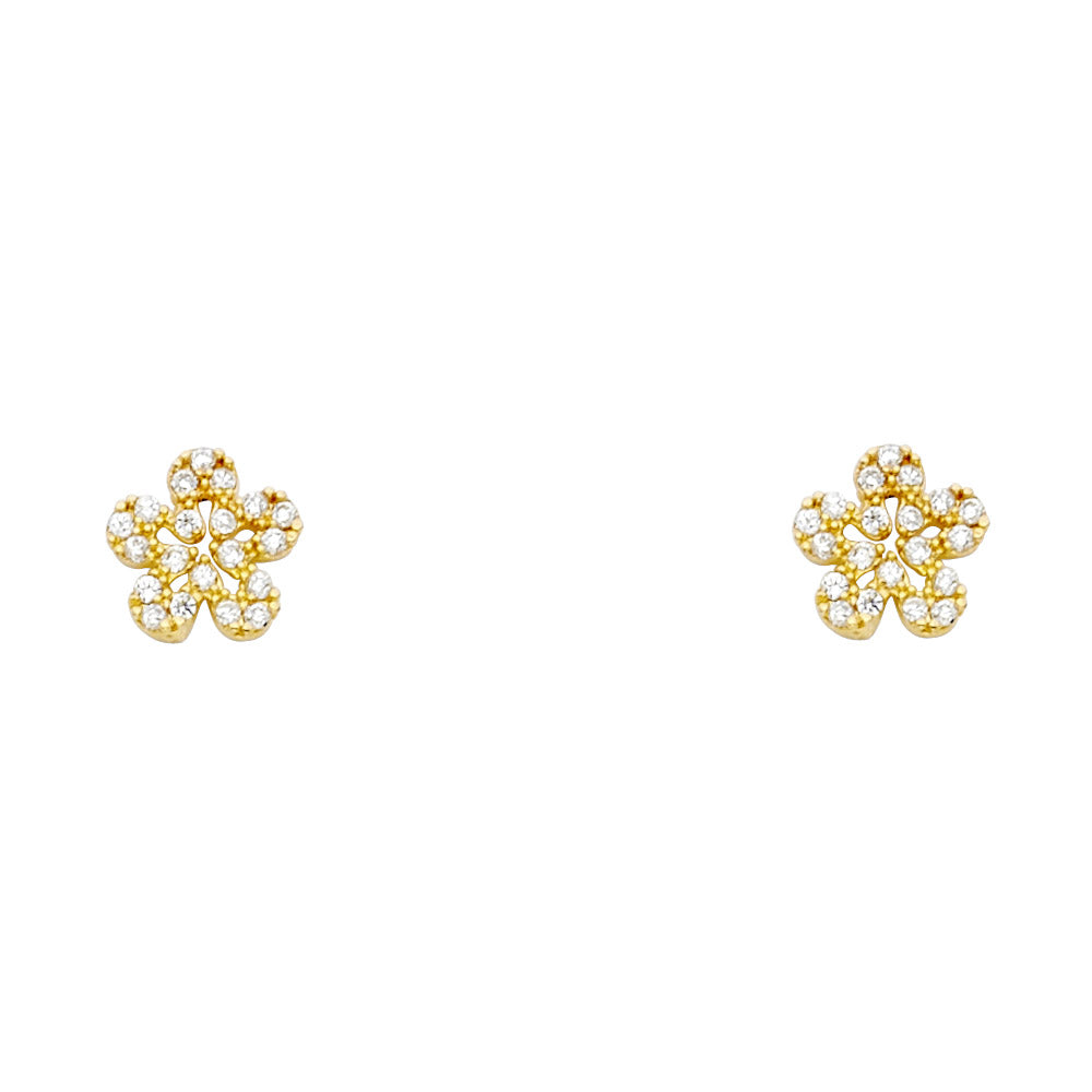 14K Yellow Gold Flower CZ Stud with Screw Back