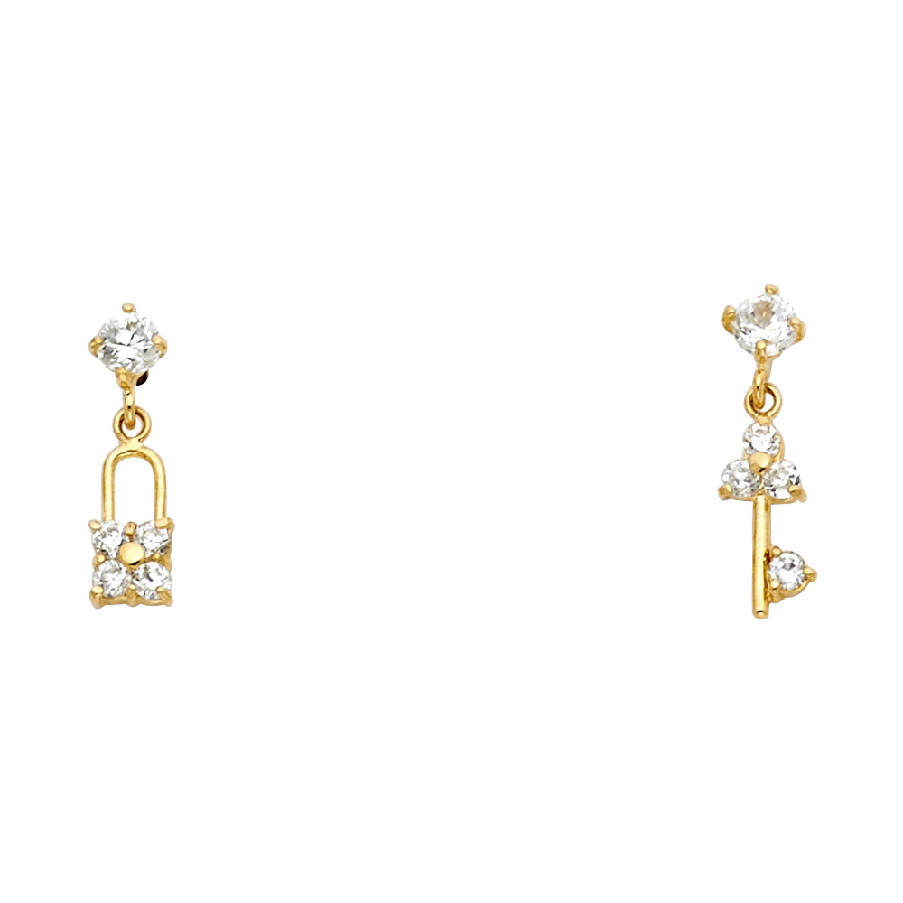 14K Yellow Gold Key+Lock CZ Stud with Screw
