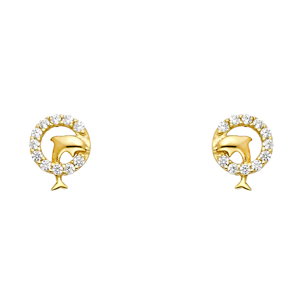14K Yellow Gold Dolphin CZ Stud with Screw