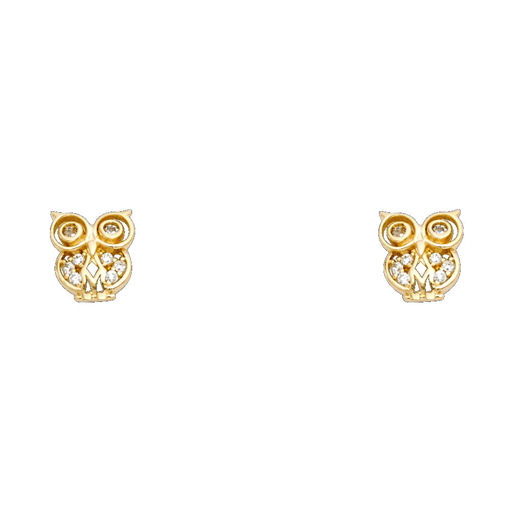 14K Yellow Gold Owl CZ Stud with Screw Back