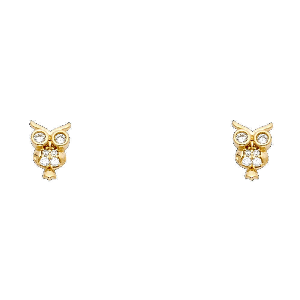 14K Yellow Gold Owl CZ Stud with Screw Back