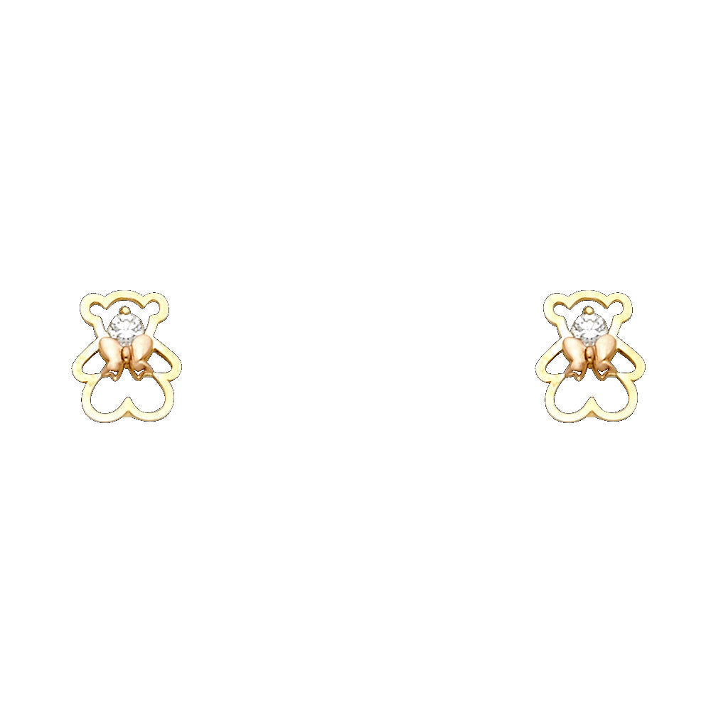 14K Two Tone Gold Bear CZ Stud with Screw Back