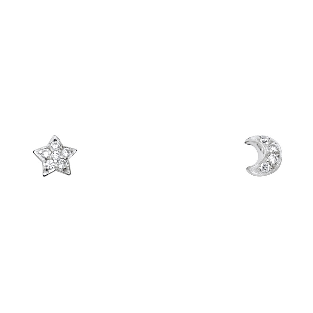14K White Gold Star+Moon CZ Stud with Screw