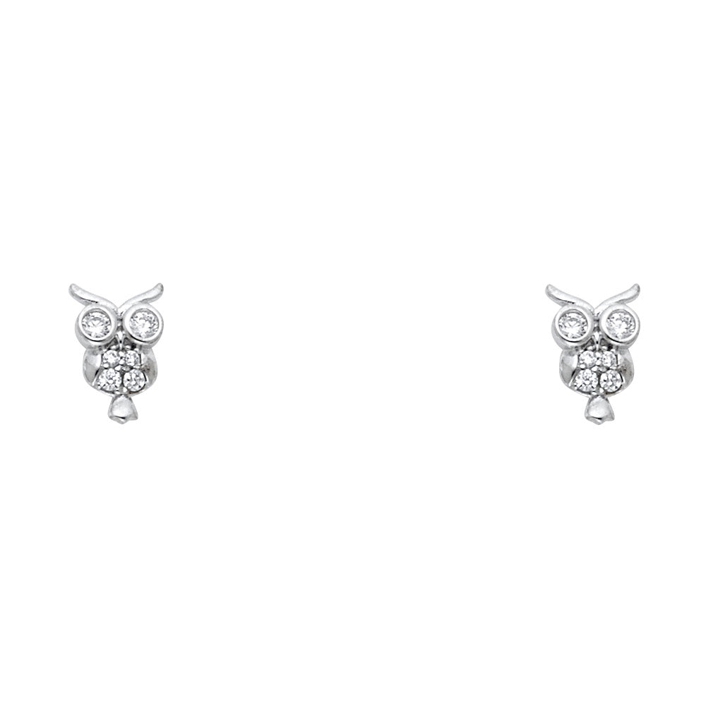 14K White Gold Owl CZ Stud with Screw