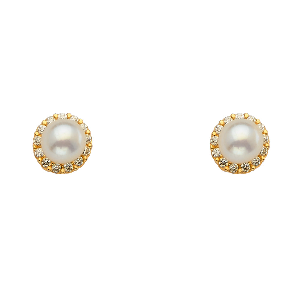 14K Yellow Gold Pearl+Cz Earring with Screw Back