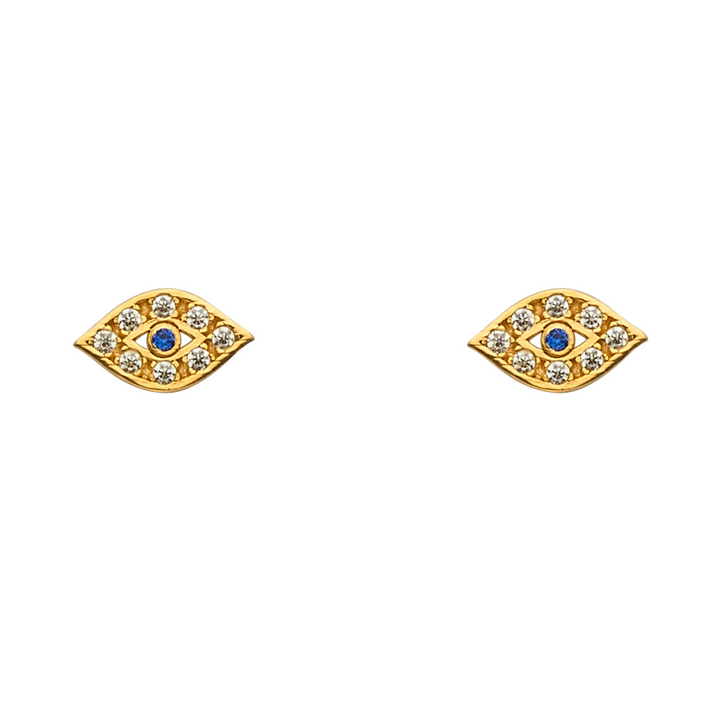14K Yellow Gold CZ Evil Eye Earring with Screw Back