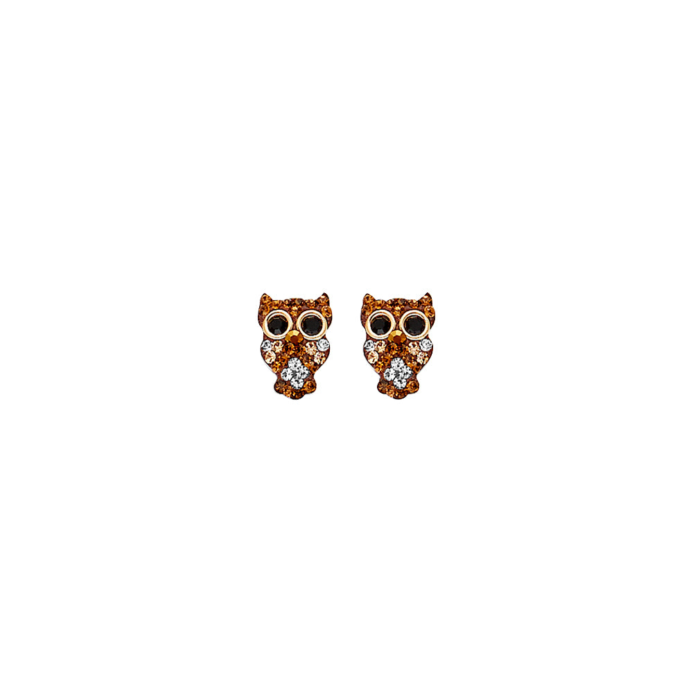 14K Yellow Gold CZ Owl Earring with Screw Back