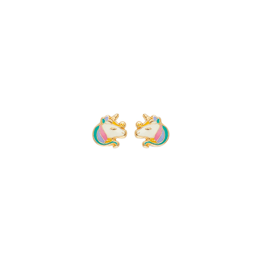 14K Yellow Gold Enamel Unicorn Face Earring with Screw Back