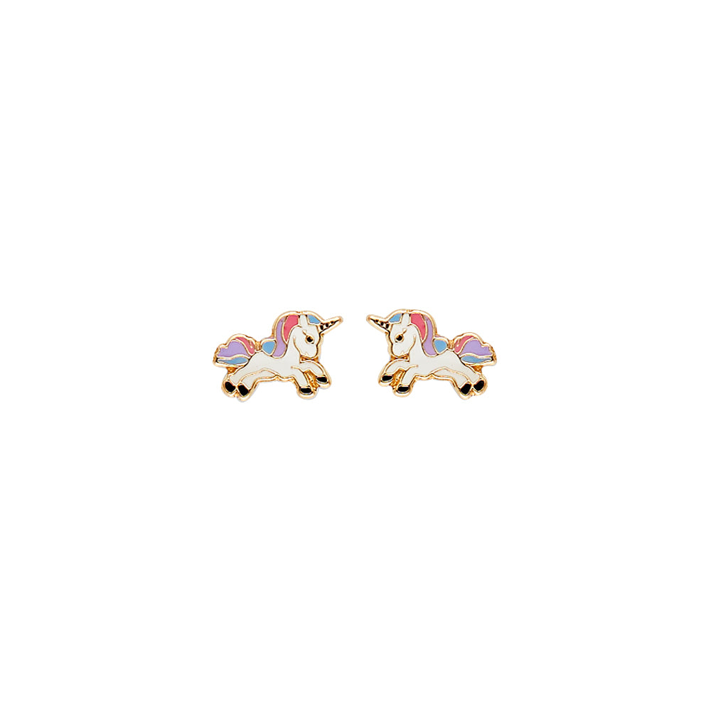 14K Yellow Gold Enamel Unicorn Earring with Screw Back