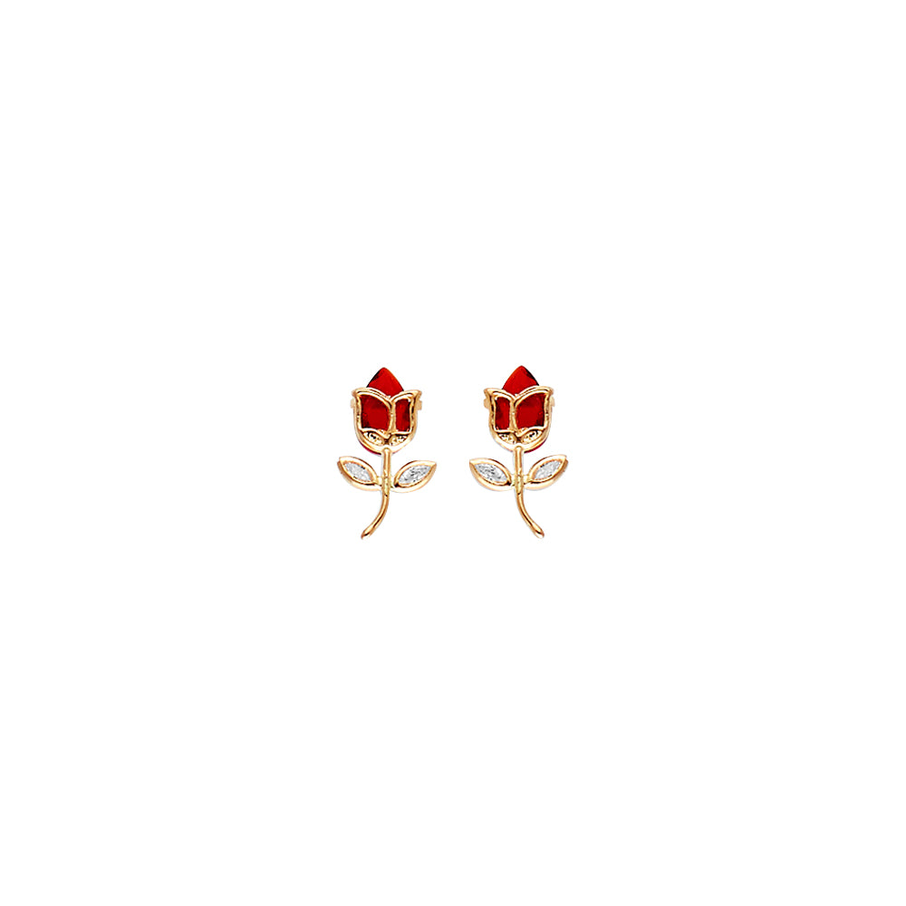14K Yellow Gold CZ Red Tulip Earring with Screw Back