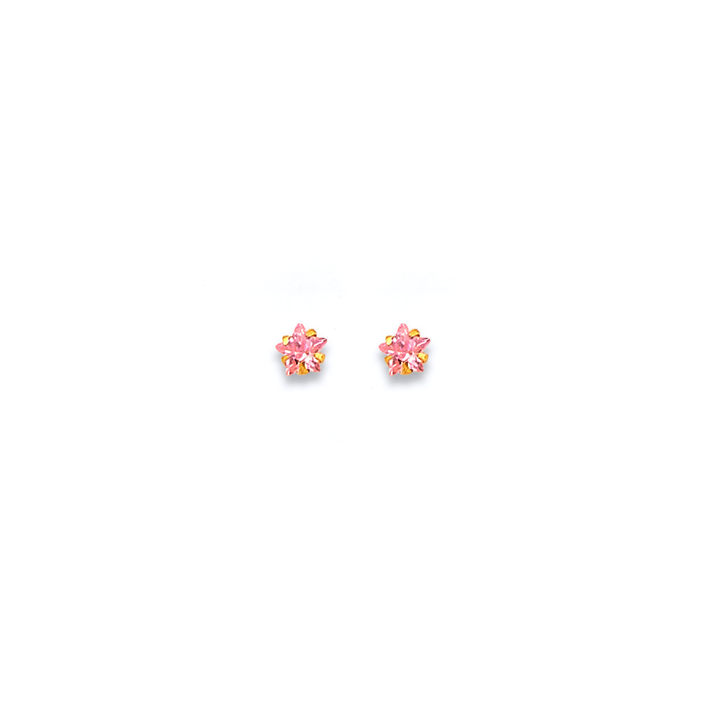 14K Yellow Gold 3 mm Pink Star CZ Stamp Stud W/ Screw Back