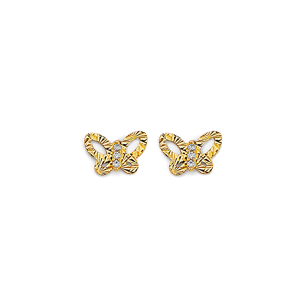14K Yellow Gold Diamond Cut Butterfly Stud Earrings W/ Screw Back