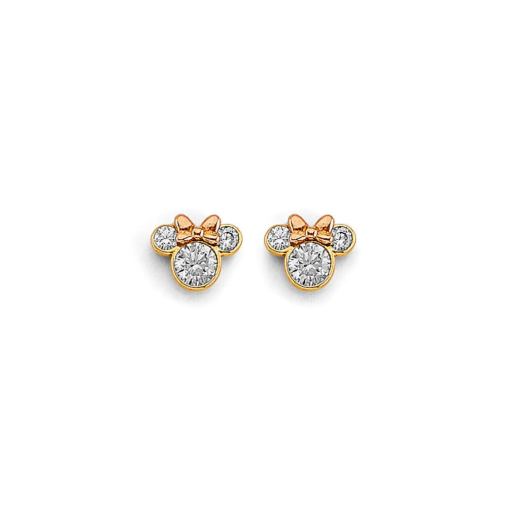 14K Two Tone Gold Mouse CZ Stud Earrings W/ Screw Back