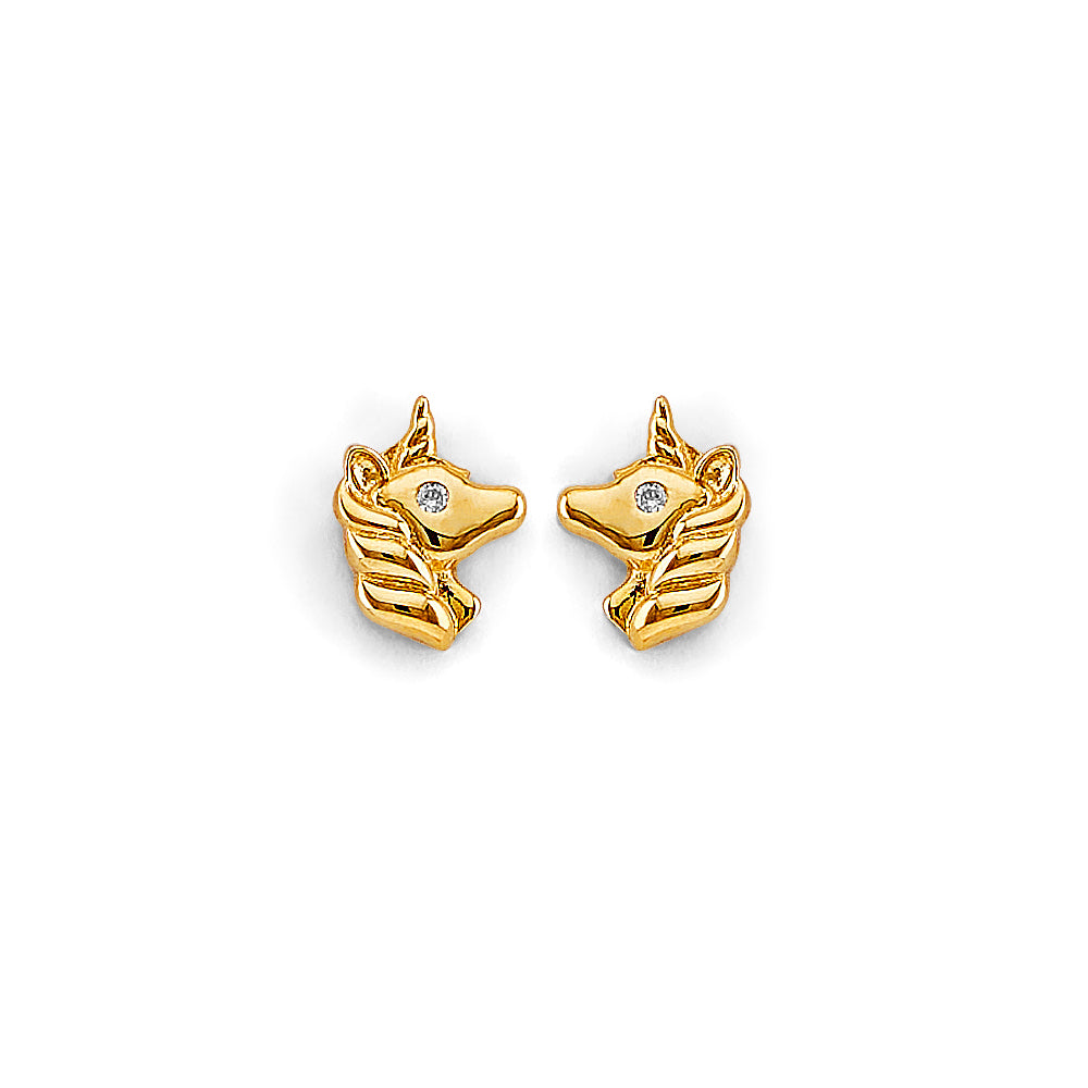 14K Yellow Gold Unicorn CZ Stud Earring W/ Screw Back