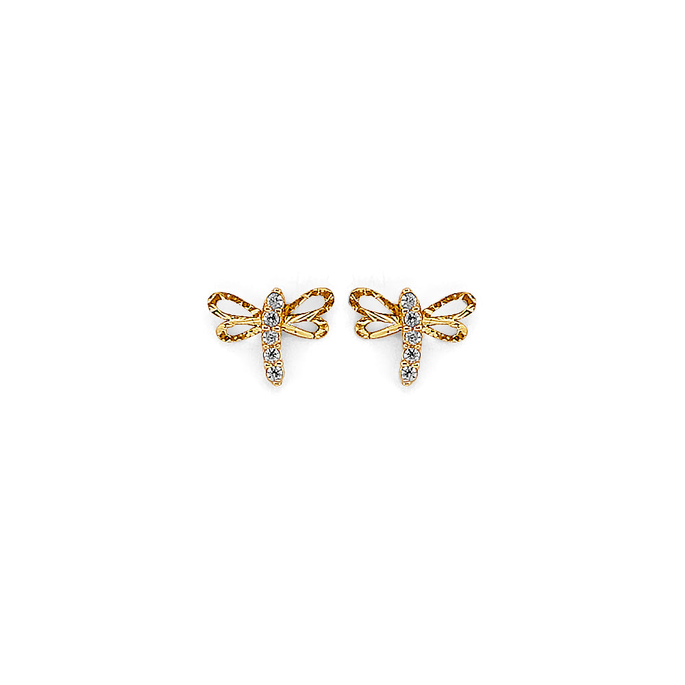 14K Yellow Gold Dragonfly CZ Stud Earring W/ Screw Back