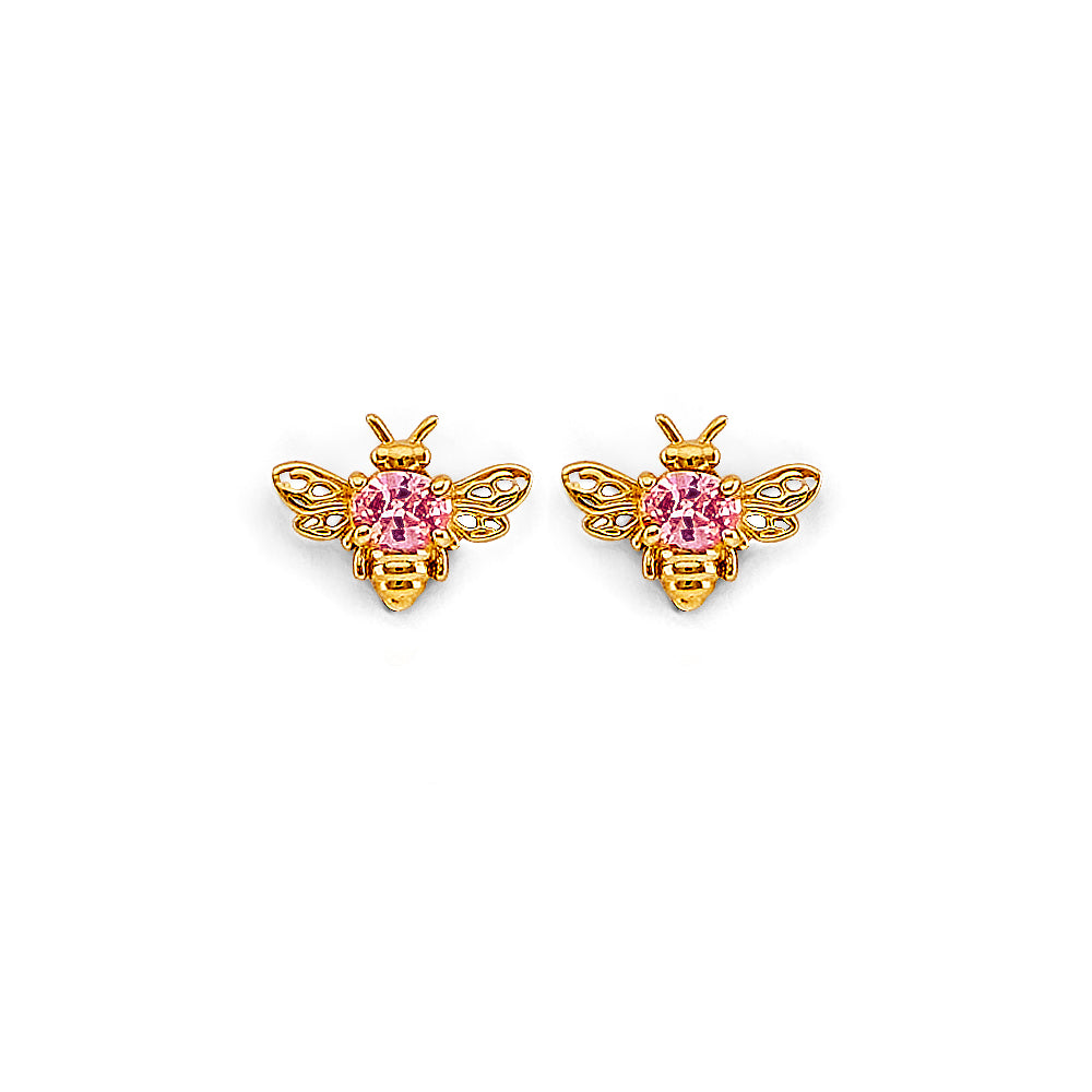 14K Yellow Gold Bee CZ Stud Earring W/ Screw Back