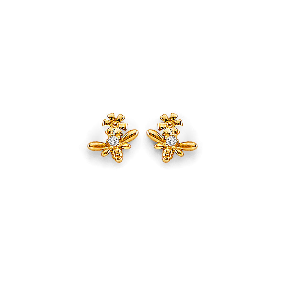 14K Yellow Gold Bee CZ Stud Earring W/ Screw Back