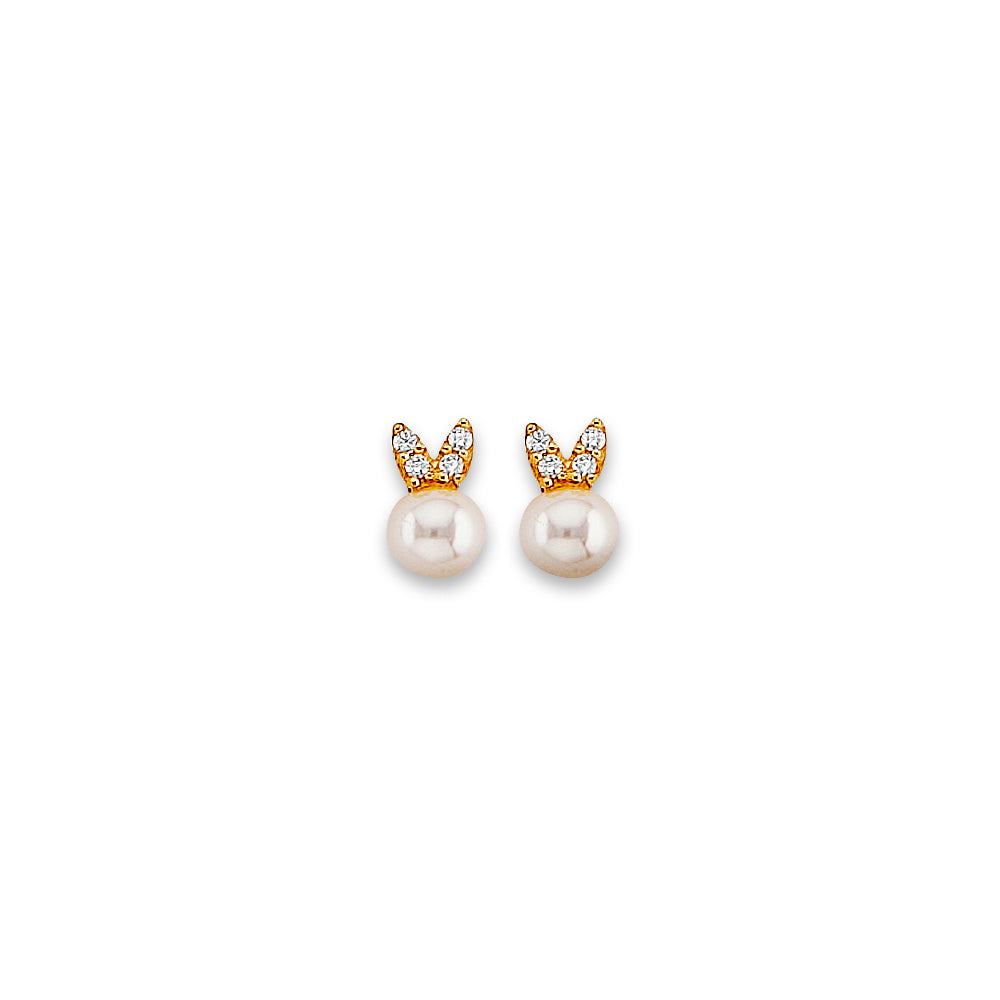 14K Yellow Gold Pearl CZ Stud Earring W/ Screw Back