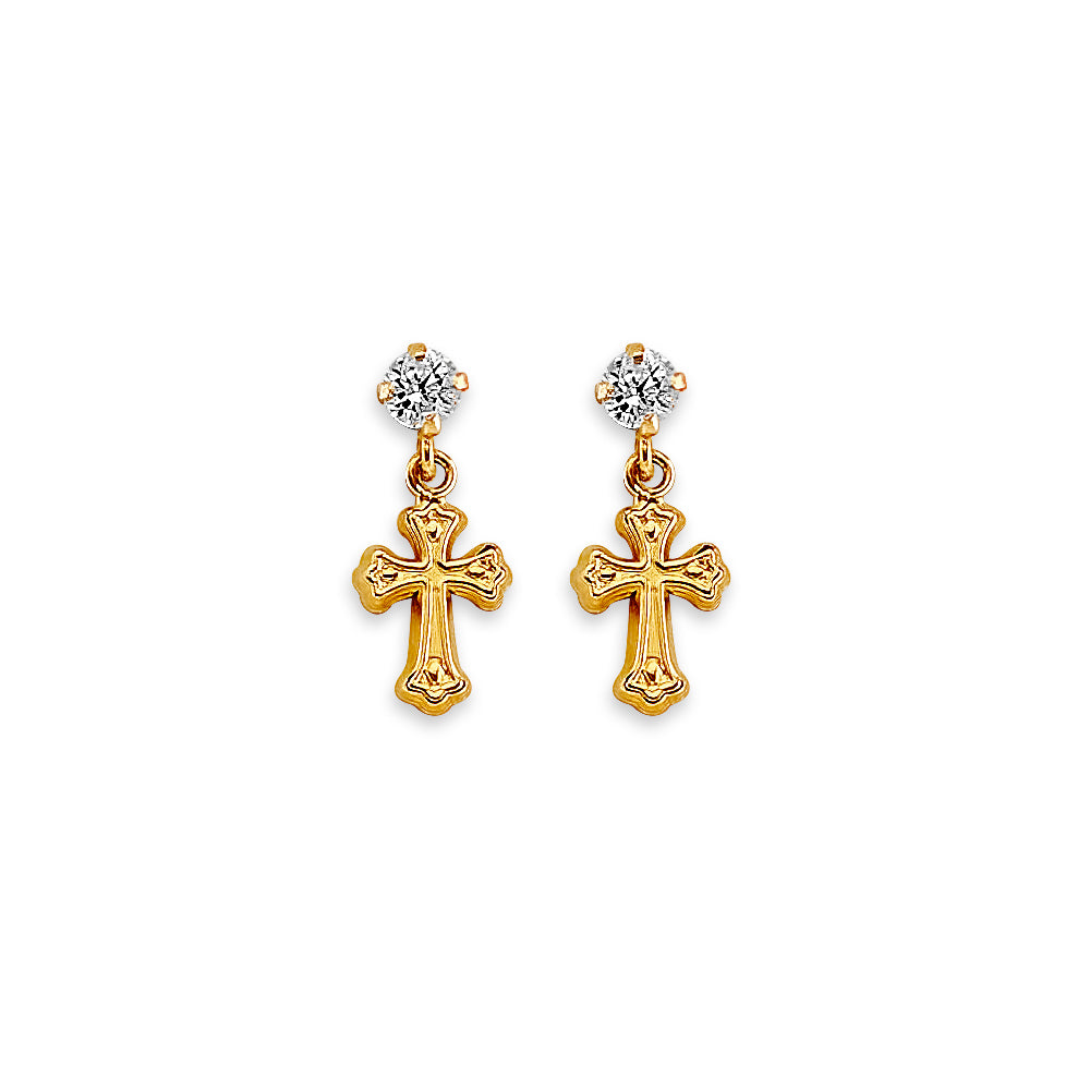 14K Yellow Gold CZ Cross Stud Earring W/ Screw Back