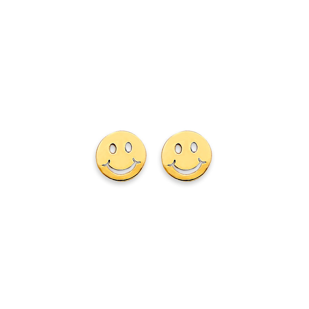 14K Yellow Gold Smiling Emoji Stud Earrings W/ Screw Back