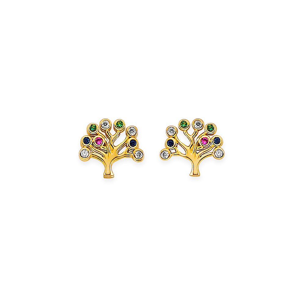 14K Yellow Gold Tree Of Life CZ Stud Earrings W/ Screw Back