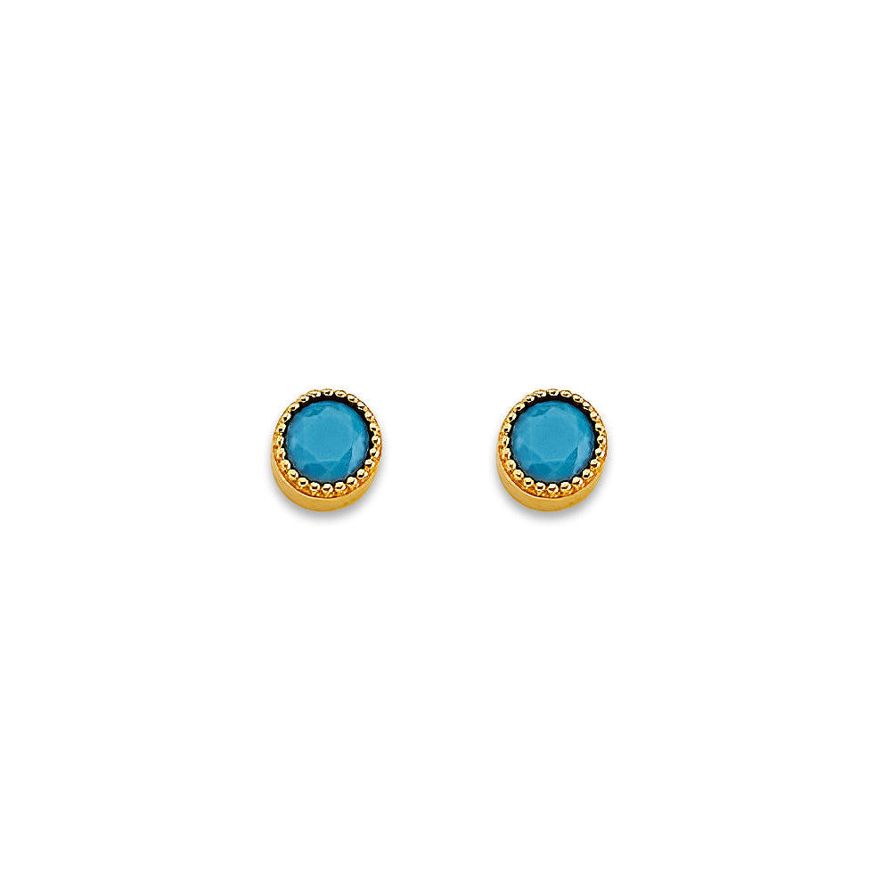 14K Yellow Gold Round Turquoise Stud Earrings W/ Screw Back