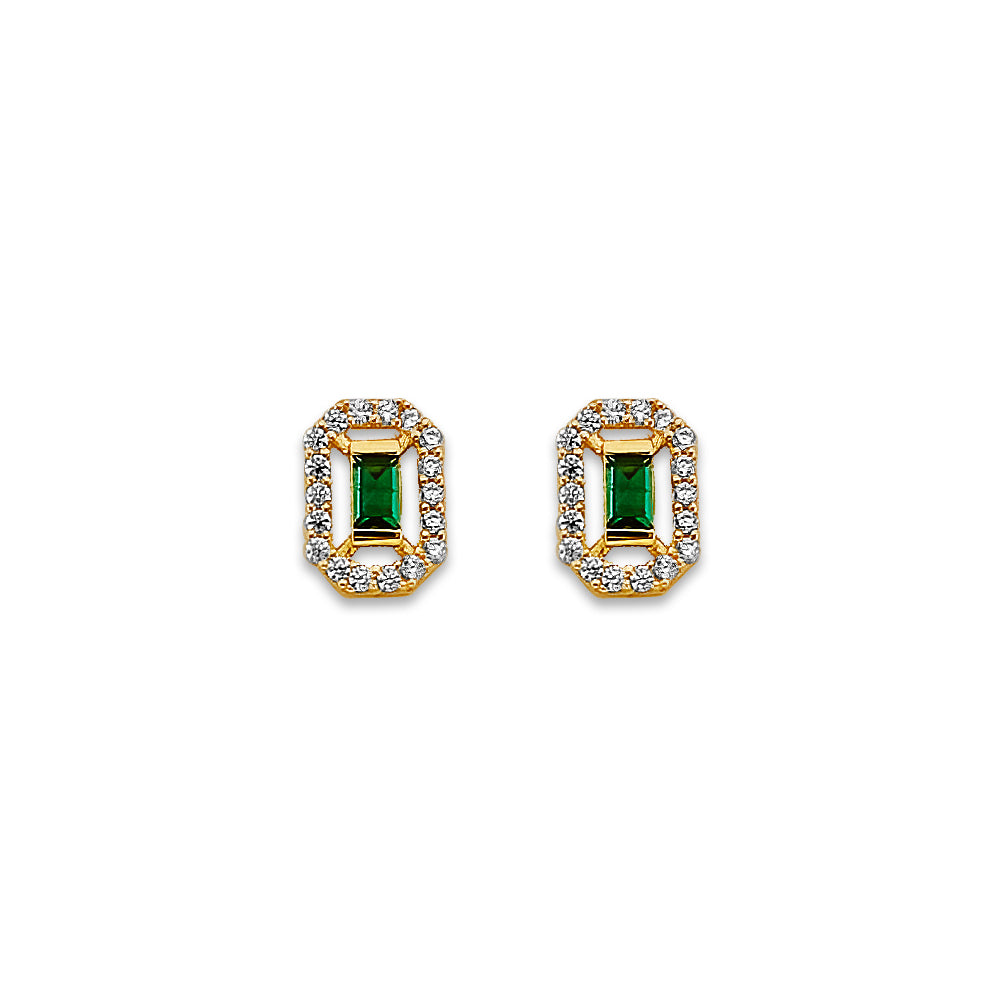 14K Yellow Gold Green CZ Stud Earrings W/ Screw Back
