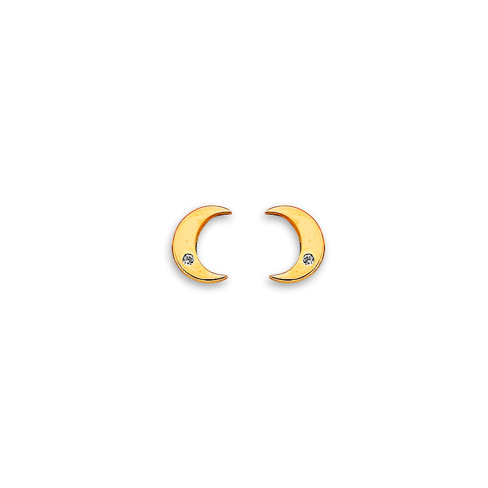 14K Yellow Gold Moon CZ Stud Earring W/ Screw Back