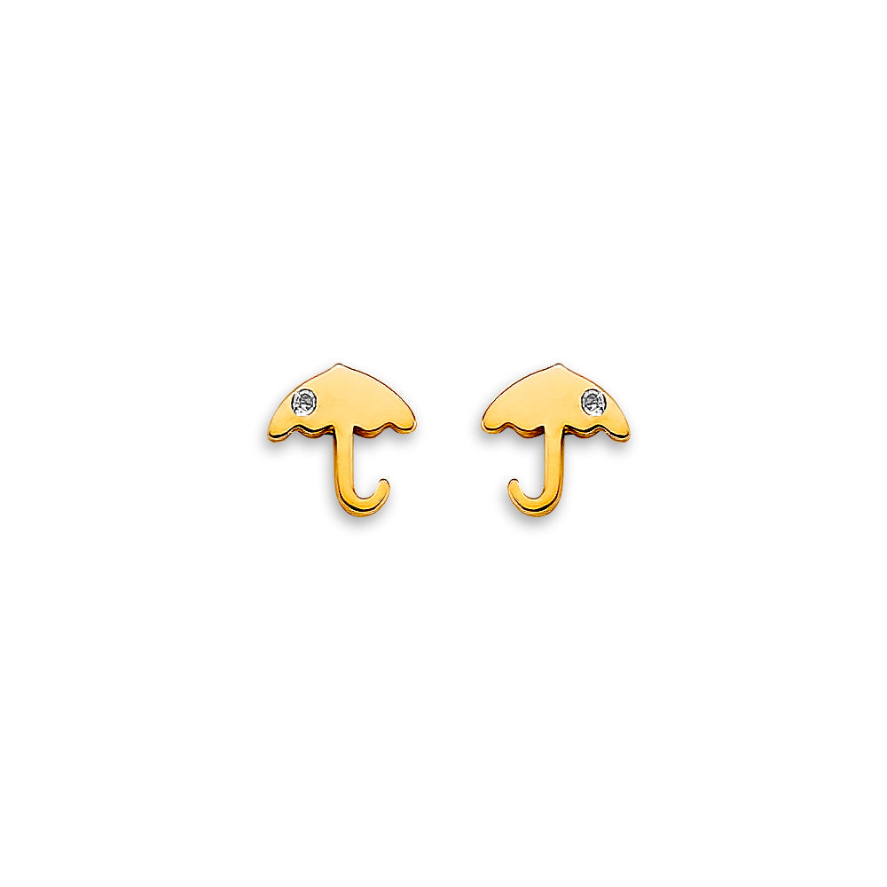 14K Yellow Gold Umbrella CZ Stud Earring W/ Screw Back