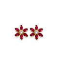 14K Yellow Gold Red Flower CZ Stud Earrings W/ Screw Back