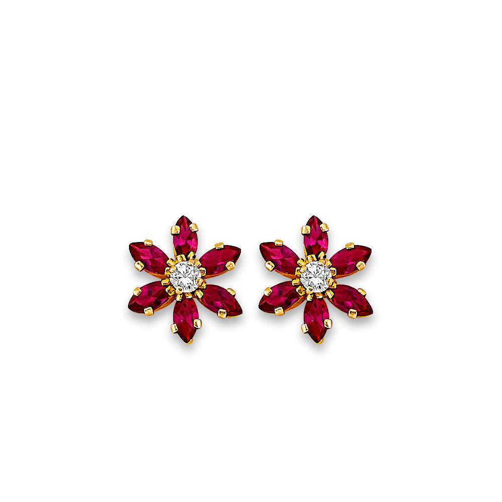 14K Yellow Gold Red Flower CZ Stud Earrings W/ Screw Back